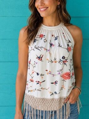 Anthropologie Fun & Flirty embroidered Birds & Floral Halter Top with Fringe